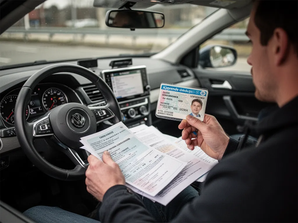 Une personne aux commandes d'une voiture sans permis sur une route de campagne, les deux mains sur le volant