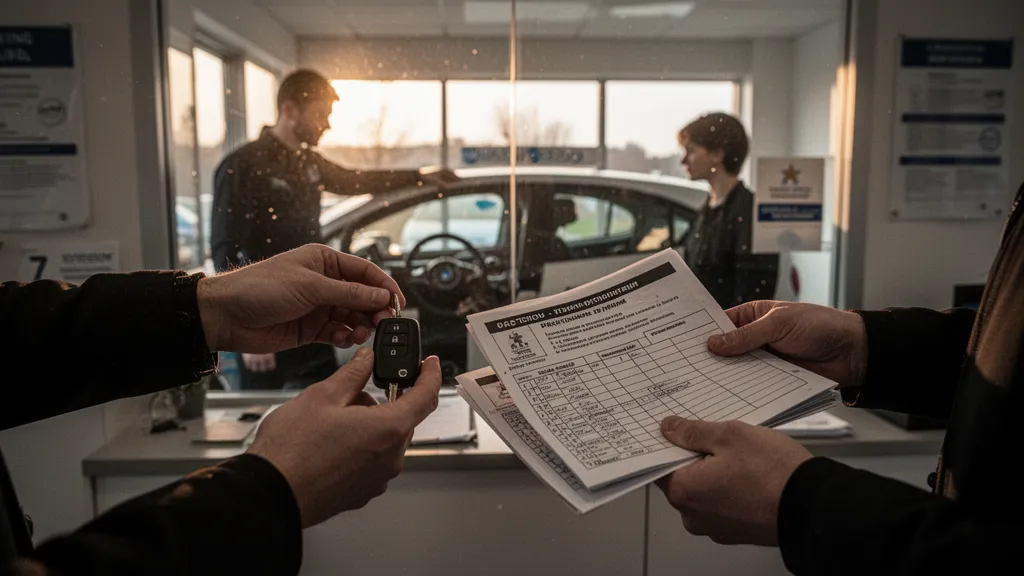 Élève devant une voiture-école, moniteur et tableau de bord visibles
