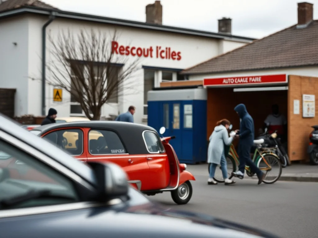 Enseigne d'auto-école avec le nom Escaut, vitrine à Cambrai, rue calme