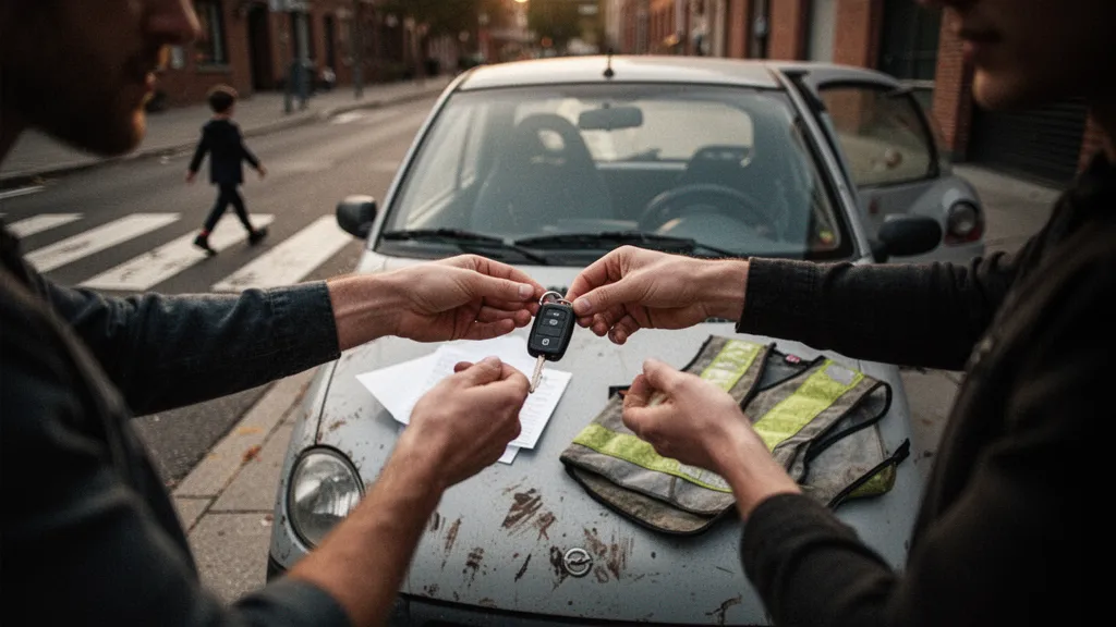 Gros plan sur le tableau de bord d'un petit quadricycle urbain, volant et compteur visibles
