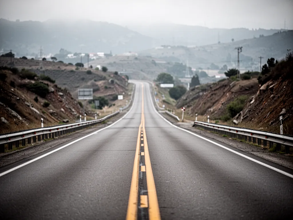Vue subjective d'un conducteur sur une route de campagne, avec panneaux de signalisation et intersection approchant