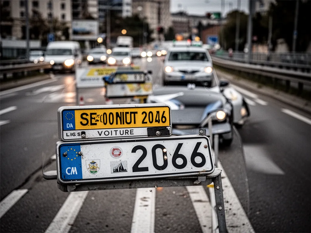 Petite voiture sans permis garée en ville, vue de trois quarts, prête à repartir