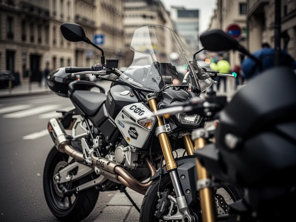 Casque de moto posé sur une selle, avec un carnet de bord et un questionnaire de code barré en arrière-plan flou.