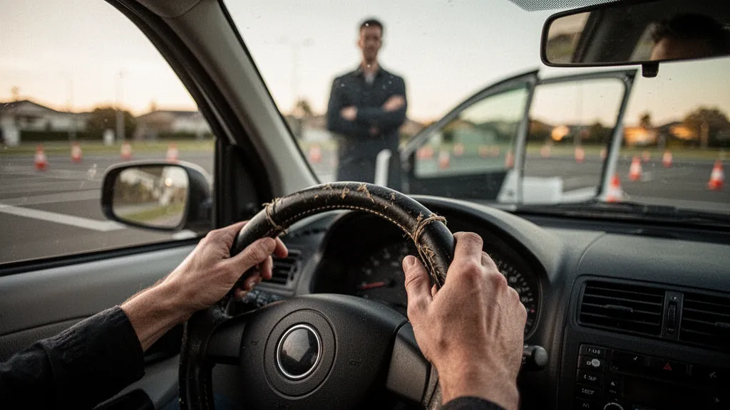 Candidat assis à côté d'une voiture d'auto-école, carnet en main, réfléchissant après l'examen