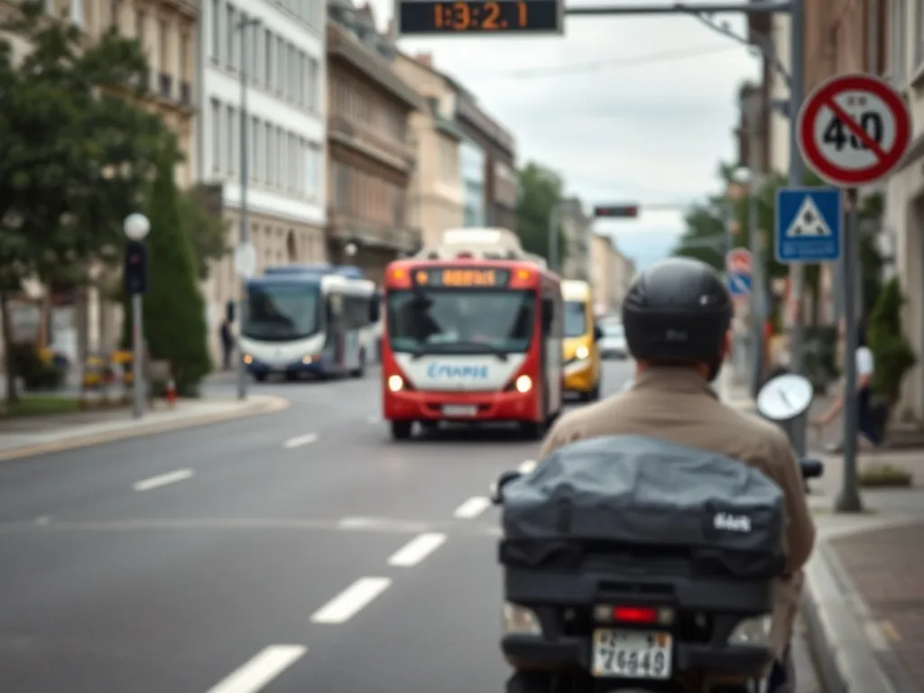 Écran d’examen du code de la route affichant une question sur une intersection, avec un candidat en arrière-plan qui réfléchit.