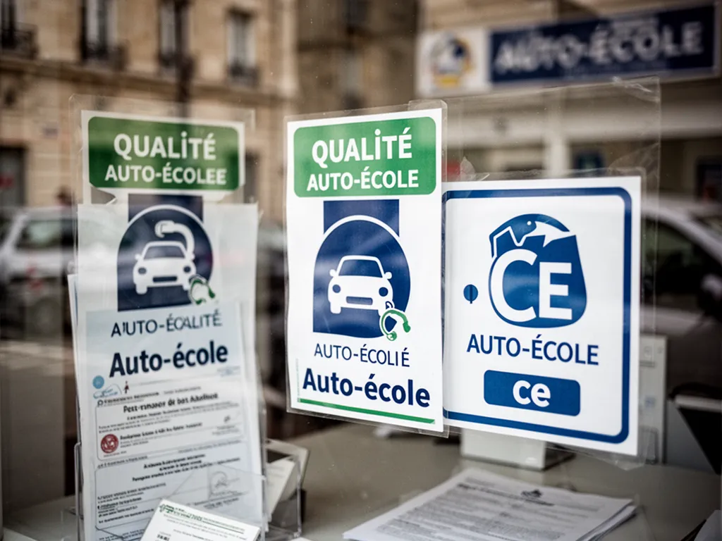 Panneau d'une auto-école avec la mention label qualité, vue sur une salle de code équipée