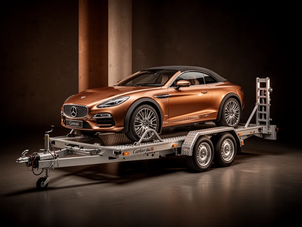 Remorque porte-voiture attelée à un SUV sur le parking d'un supermarché, rampes métalliques dépliées