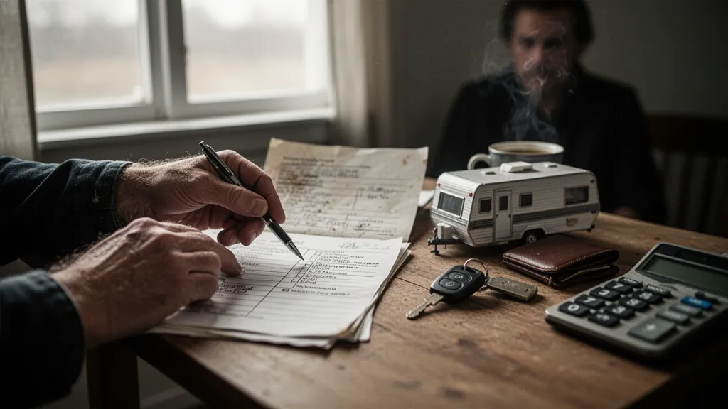 Remorque attelée à une voiture sur une route de campagne, vue latérale