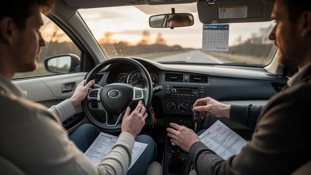Jeune conducteur concentré sur le tableau de bord pendant une leçon de conduite en ville