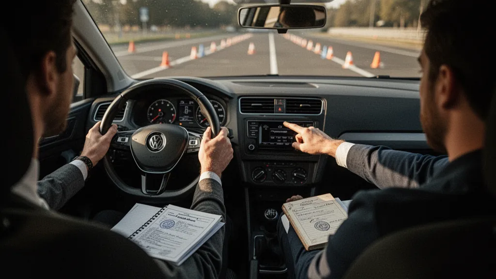 Jeune personne à côté d'une voiture-école, carnet et clés en main, prête à démarrer une leçon