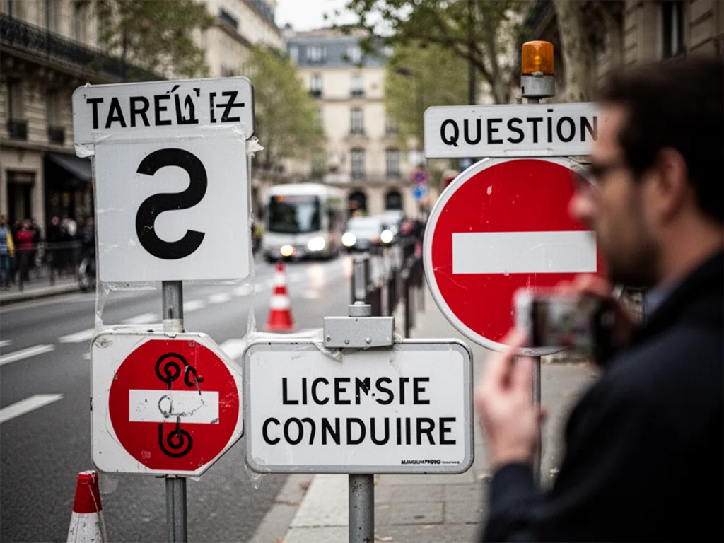 Écran de test du code de la route avec une question à choix multiples et un décor de carrefour urbain