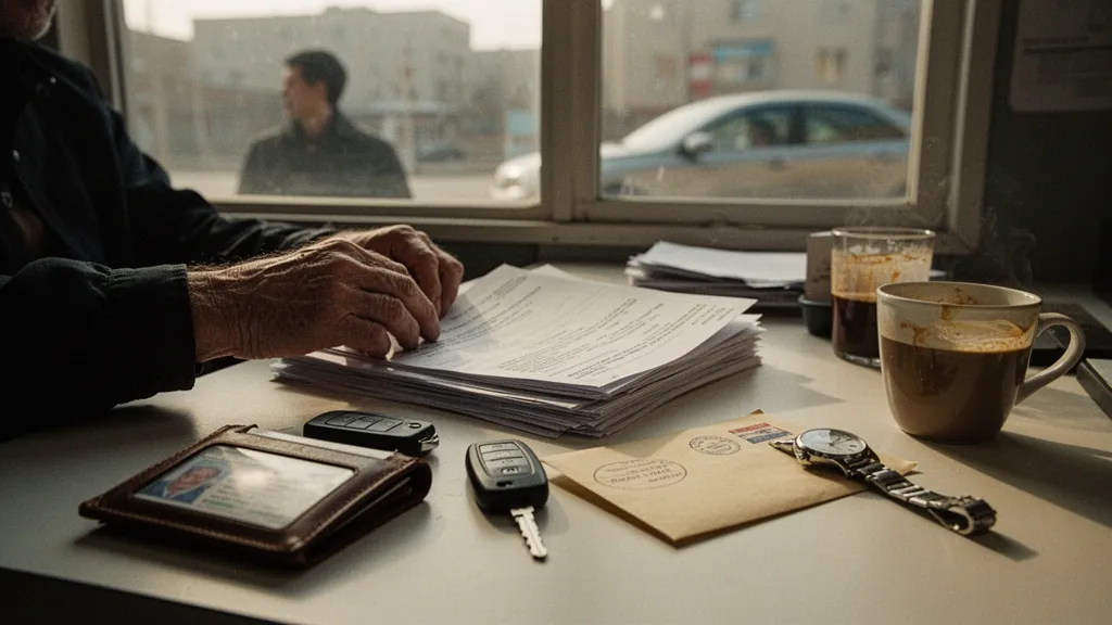 Conducteur lisant des documents à côté d'une voiture, pensif, carnet de points visible