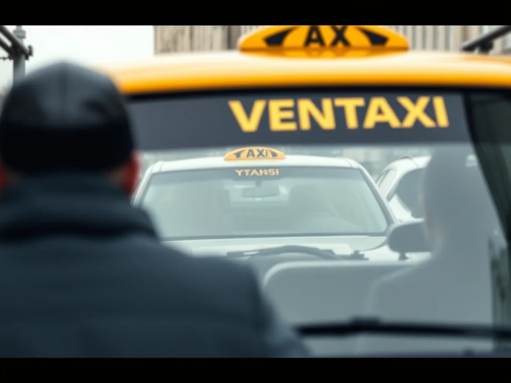 Contrat de vente posé sur un bureau à côté d'une autorisation de stationnement de taxi, avec un stylo et un téléphone portable affichant une annonce en ligne.