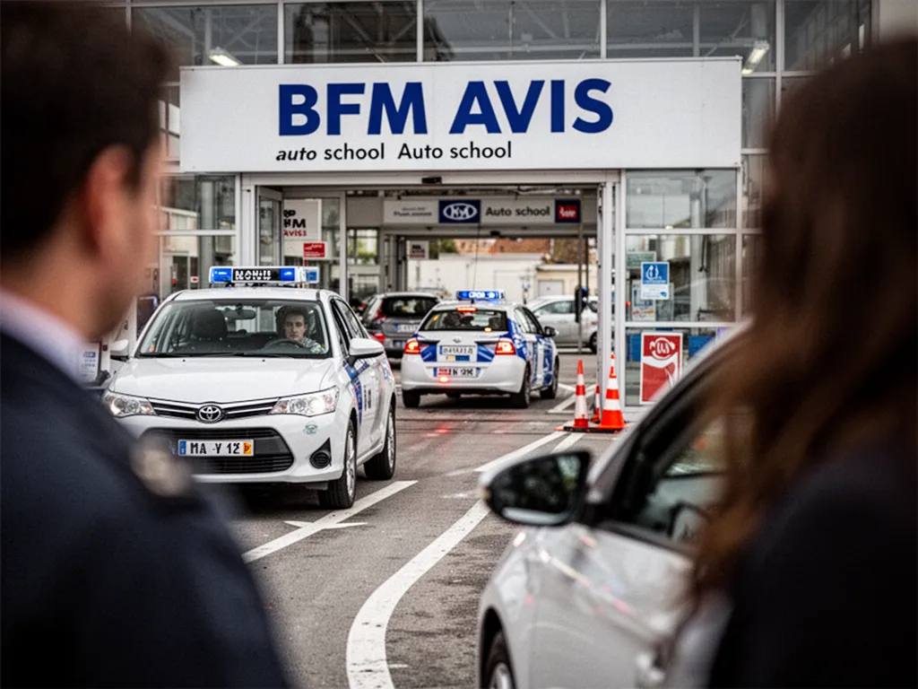 Façade d’une auto-école avec vitrine, voiture d’apprentissage garée devant et affiches de formation au permis