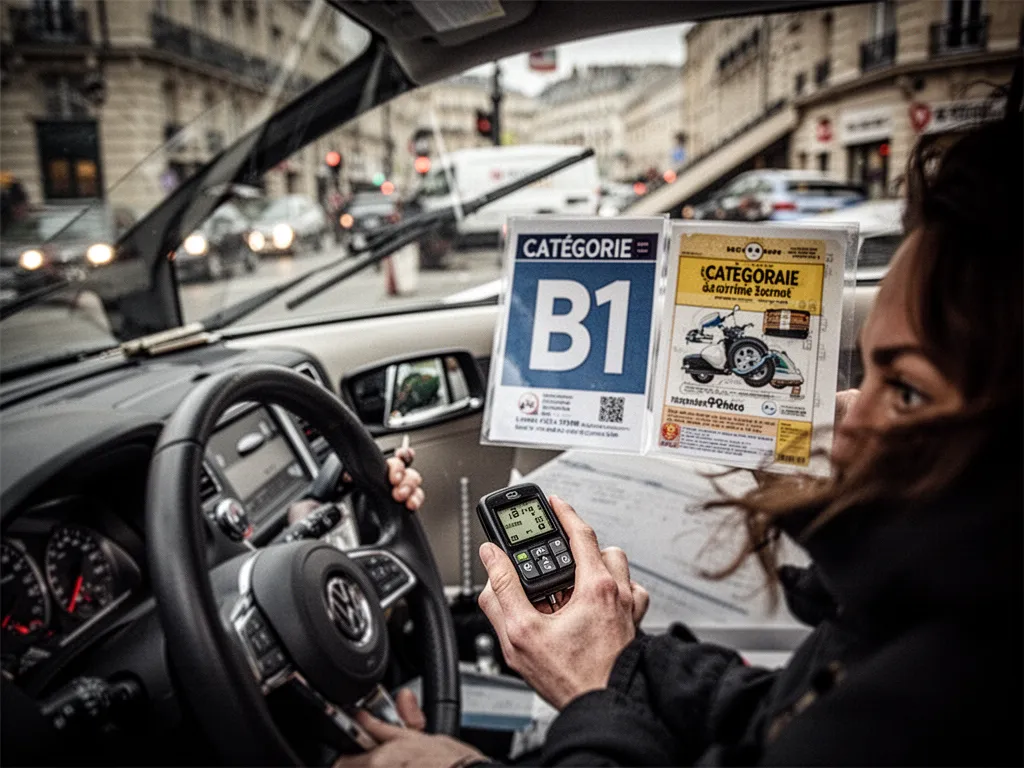 Petit véhicule léger stationné sur une route, avec un conducteur au volant en situation d'apprentissage