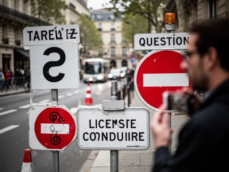 Écran de test du code de la route avec une question à choix multiples et un décor de carrefour urbain