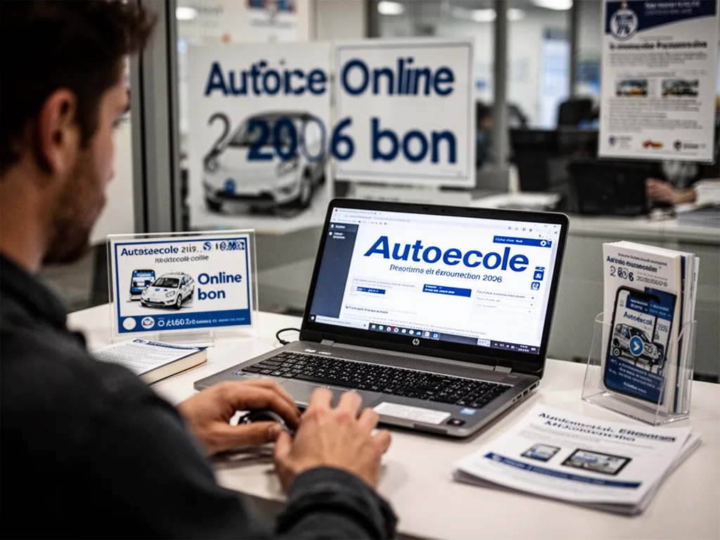 Élève révisant le code de la route sur un ordinateur portable avant une leçon de conduite
