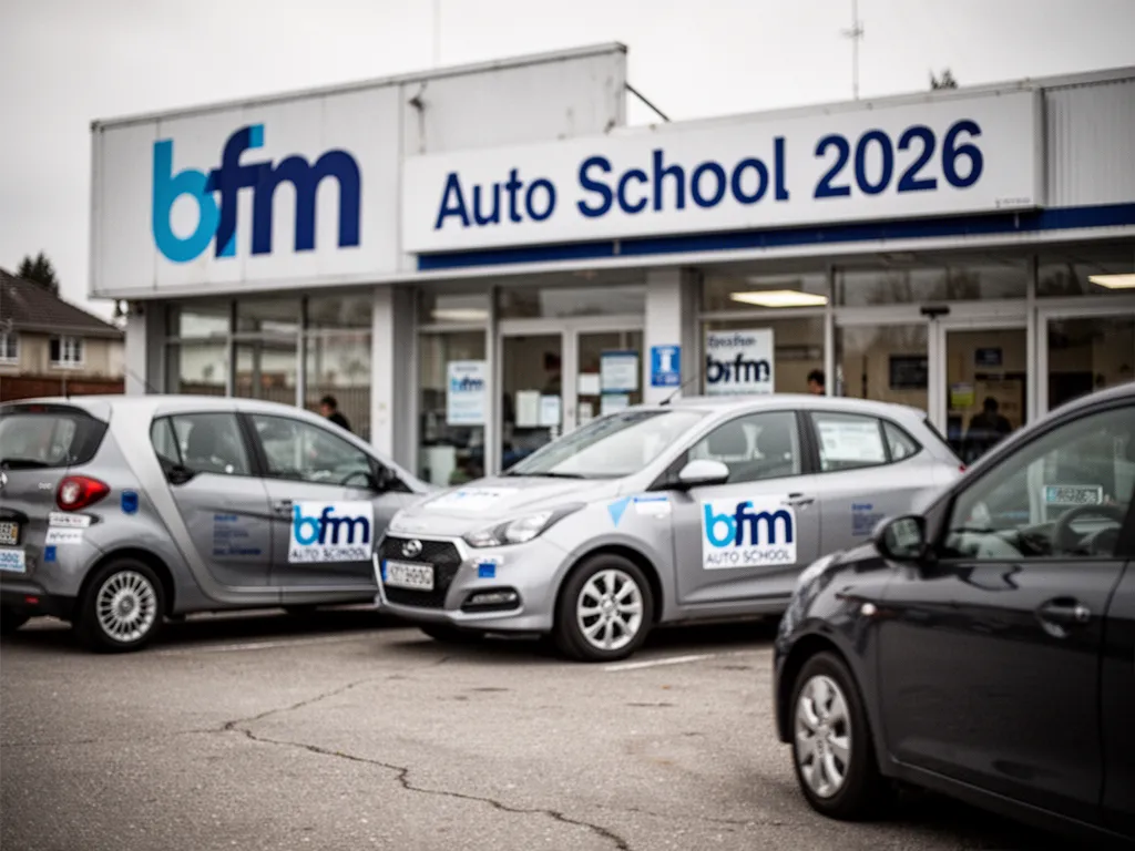 Devanture d'une auto-école en ville avec vitrine, affiche de permis et voiture-école garée devant