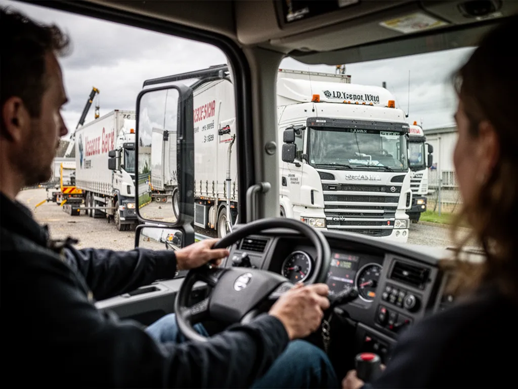 Un candidat au permis poids lourd au volant d'un camion de formation, suivi par un moniteur dans une zone industrielle.
