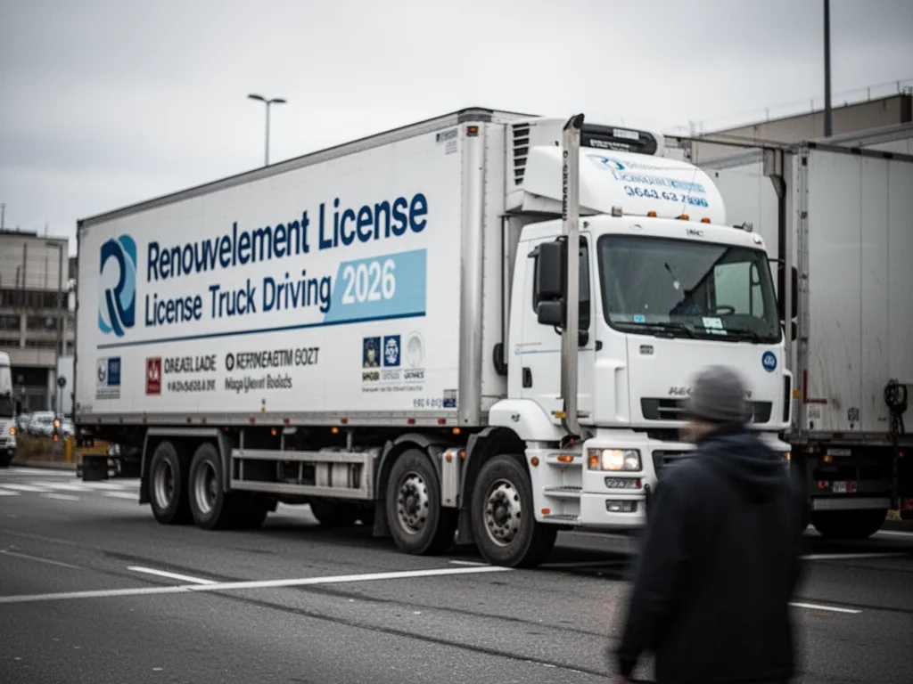 Conducteur professionnel tenant son permis et des documents administratifs devant un camion à l'arrêt