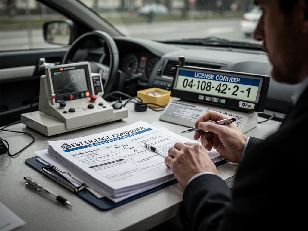 Mains tenant un formulaire médical et un jeu de clés de voiture posées sur un carnet de conduite